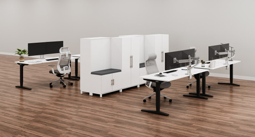 White MoPac Storage Wall 8 Configuration with matching White Laminate UPLIFT Desks