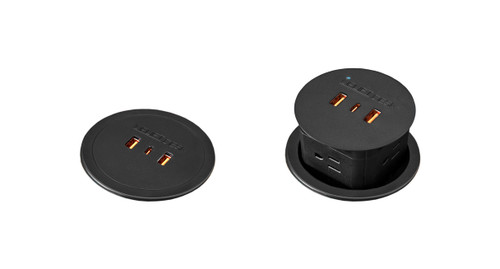 Press down on the top surface to raise the unit and access the four 120V power outlets