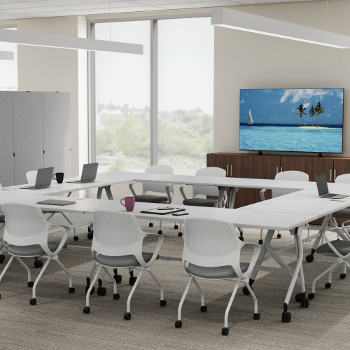 Create a conference room setup anywhere using Flip Top Tables and Rollaway Nesting Chairs