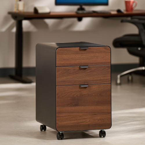 Black 3-Drawer File Cabinet with Walnut Laminate drawer fronts