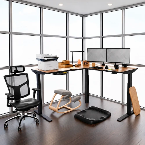 UPLIFT 2-Leg Standing Desk in white with a Walnut Heights Custom Laminate desktop