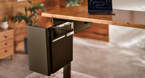 Fully extended Deep Desk Drawer mounted securely to a standing desk for durable, heavy-duty office storage