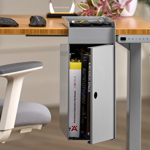 The optional hinged door conceals stored items