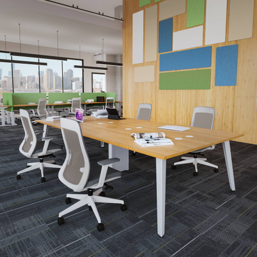 4-Person Table by UPLIFT Desk with a white steel frame and bamboo desktop, fitting four workspaces
