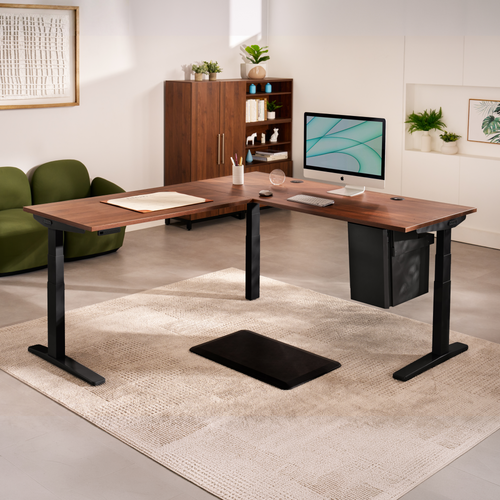 The L-shaped desktop, paired with innovative UPLIFT storage accessories such as the Deep Desk Drawer, positions all the daily tools and office essentials within reach