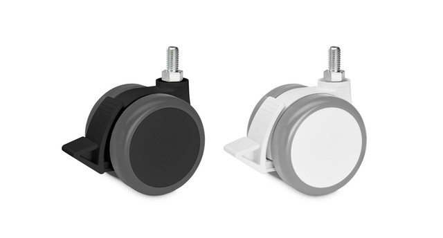 Two caster wheels, one black and one white