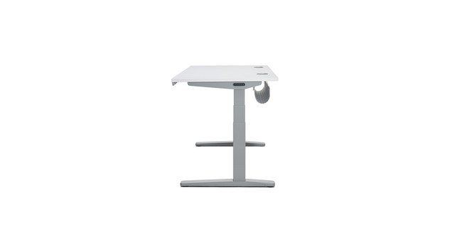 Small white height-adjustable desk with a compact work surface and a footrest bar underneath.