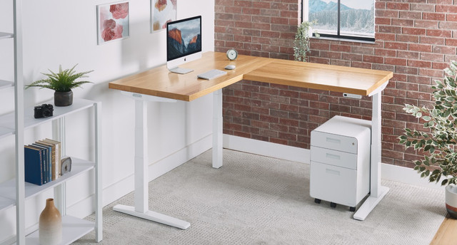 L-Shaped Custom Solid Wood Standing Desk, 3-Leg | UPLIFT Desk
