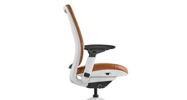 Brown leather ergonomic task chair with height indicators and dimensions.
