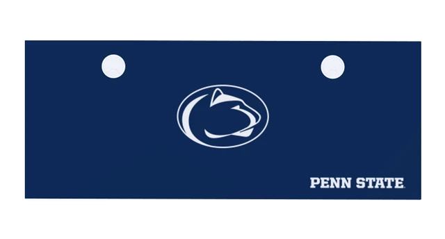 Penn State logo graphic on dark blue banner with two white circular holes near top corners, Penn State text bottom right