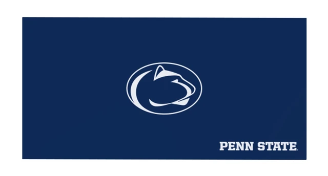 Penn State logo card with large dark blue field, circular white mascot emblem centered, Penn State text bottom right