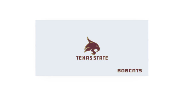 Texas State Bobcats logo on a light gray-blue rectangular card with the word BOB CATS in brown in the bottom right