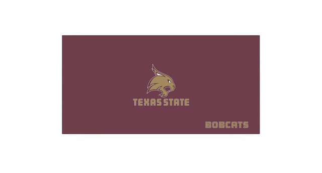 Texas State Bobcats logo on a maroon rectangular card with the word BOB CATS in gold in the bottom right