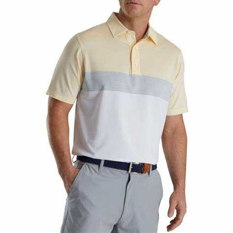 New Men's FootJoy Color Block Lisle Polo Golf Shirt - Lemon/White