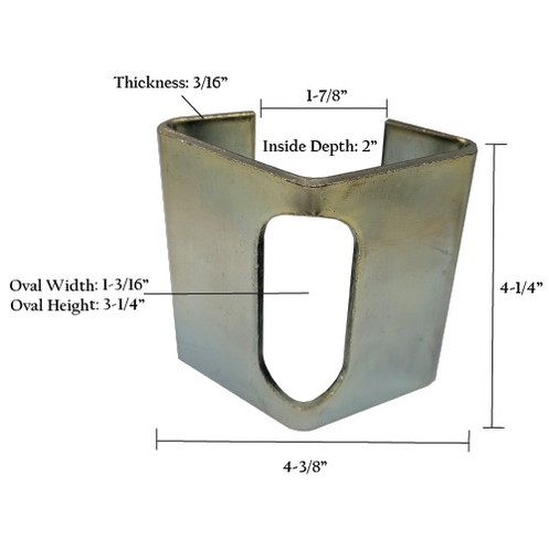 Heavy duty weld-on gate latch striker, measures 4" wide, 4 tall.
Gate latch striker hole measures 1 1/4" wide and 2 7/8" long.
The width of the part that welds to the post is 2" wide.
Made from 3/16" thick material and is zinc plated to hinder rusting.
Weighs about #1