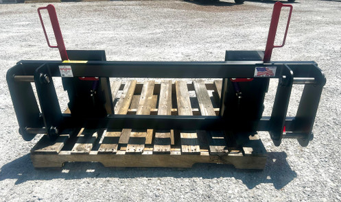 Converts a Pin On AgCo Allis Chambers 460 and others to use standardized skid steer equipment.  Comes with all new (4) 1" pins. Grease Zerk in both latching pin.