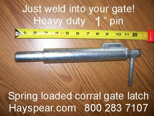 Latch is 12" long
1" diameter spring loaded pin
Fits with our large size gate catches
This item you will receive 10 large gate latches only
Gate catches sold separately
Threaded pin or plunger adjustment to fine tune the pin to the catching mechanism whether it be your catch plate design on our catch plate also available
Plunger is adjustable from 0 to about 2" past barrel end by adjusting the nuts on the handle end.
Plunger pin is welded to a piece of 1/2" diameter all thread for adjust-ability
Plunger or pin unit can be disassembled for installation or maintenance
This is an excellent heavy duty corral gate latch or stop assembly.