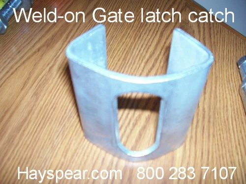 Heavy duty weld-on gate latch striker, measures 4" wide, 4 tall.
Gate latch striker hole measures 1 1/4" wide and 2 7/8" long.
The width of the part that welds to the post is 2" wide.
Made from 3/16" thick material and is zinc plated to hinder rusting.
Weighs about #1