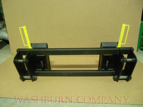 Pin ON Adapter New Holland 46LB To Skid Steer Attachment. Adapts to New Holland 46LB
You will simply pull existing pins to convert to standardized skidsteer equipment. Two heavy duty crossbars keeps the face of thee latch boxes in line and keeps them from twisting and going out of alignment.
Latch box sides are 3/8" thick and are made from grade 50 plate for added strength.