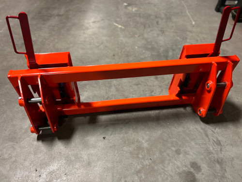 Converts a pin on Kubota 1251 to use standardized skid steer equipment. Heavy duty construction throughout.
Two crossbar design keeps the face of thee latch boxes in line and keeps them from twisting and going out of alignment.
Latch box sides are 3/8" thick and are made from grade 50 plate for added strength.