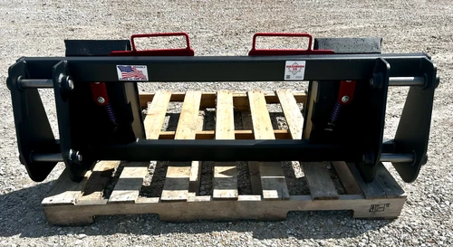 Great Bend M110 to universal skid steer. You will pull your pins, hook up with new pins and this will allow you to run universal skid steer equipment from your great bend M110. Comes with (4) 1 1/8" pins. 5000# lifting capacity.