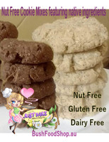 Gluten Free Dairy Free Cookie Mixes featuring native ingredients.  Lemon Myrtle, Strawberry Gum, Aniseed Myrtle, Wattleseed