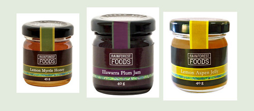 Mini Jam gift set - LEMON MYRTLE HONEY, LEMON ASPEN JELLY, ILLAWARRA PLUM JAM, rainforest foods, taste australia, bush food shop