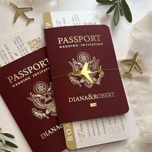 Sample of Passport Wedding Invitations in Burgundy & Gold