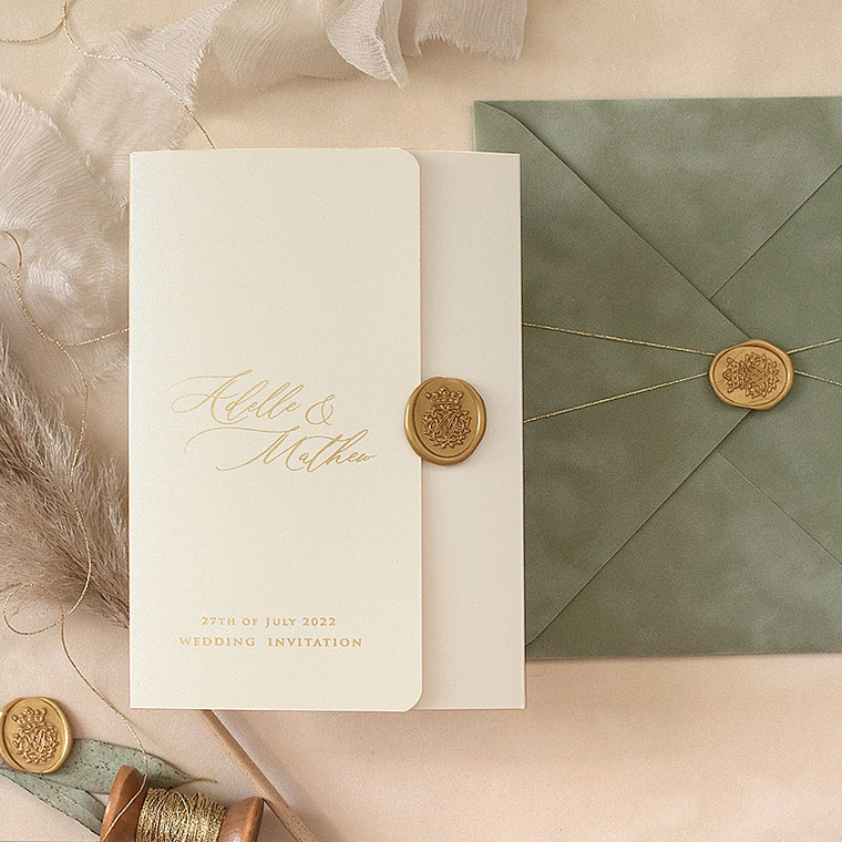 sage green wedding invitations wax seal