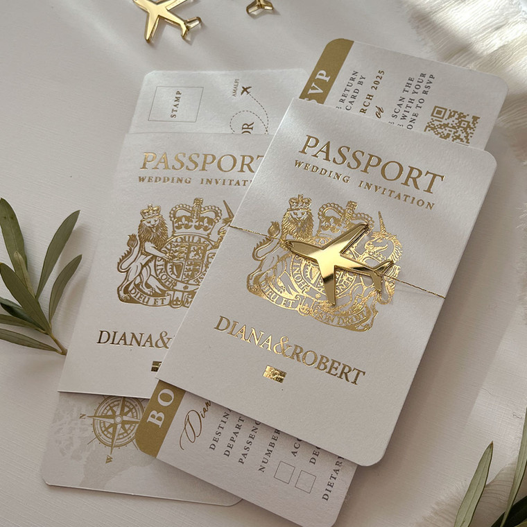 Sample of Passport Wedding Invitations in White & Gold