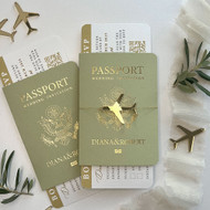 sage green passport wedding invitations