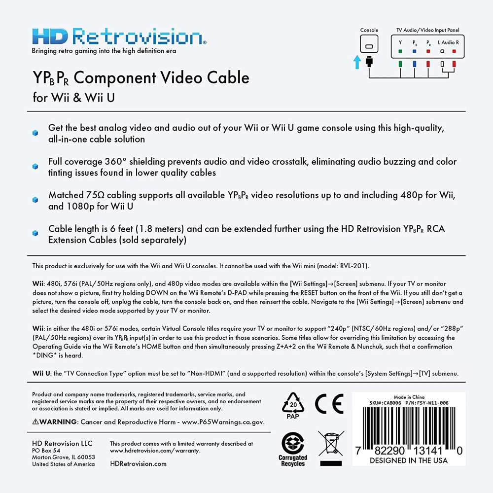 HD Retrovision Wii / Wii U Premium YPbPr Component Cable