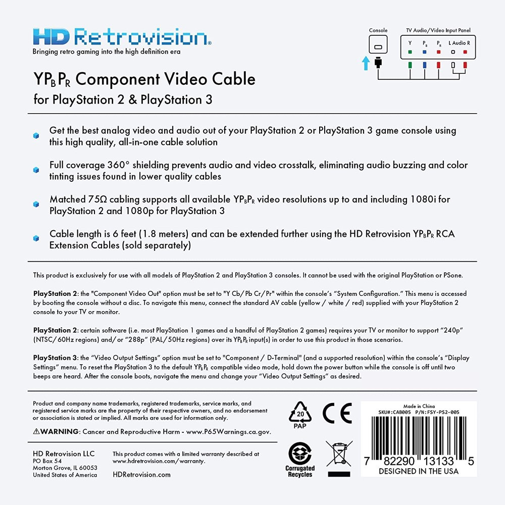 HD Retrovision PlayStation 2/3 (PS2/PS3) Premium YPbPr Component Cable