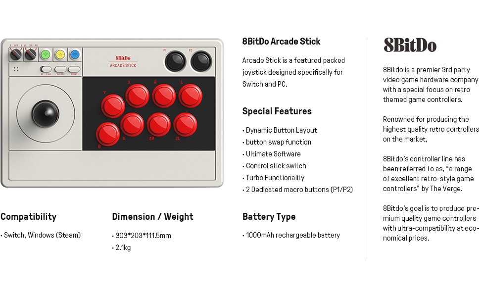 8Bitdo Arcade Stick for Switch & Windows with Bluetooth or Wired Connection  - Retro Styling 