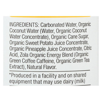 Zola - Organic Hydrating Energy Drink - Pineapple Coconut - Case of 12 - 12 fl oz.
