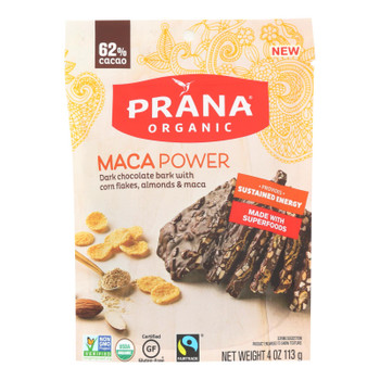 Prana Organic Maca Power Dark Chocolate Bark With Corn Flakes, Almonds & Maca - Case of 8 - 4 OZ