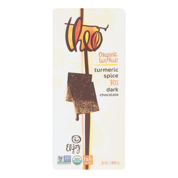 Theo Chocolate Turmeric Spice 70% Dark Chocolate - Case of 12 - 3 OZ Theo Chocolate Turmeric Spice 70% Dark Chocolate - Case of 12 - 3 OZ