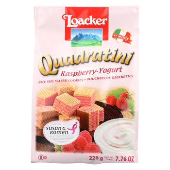 Loacker Quadratini Wafer Cookies, Raspberry-Yogurt, Bite Size Wafer Cookies  - Case of 6 - 7.76 OZ