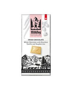 Milkboy White Chocolate with Bourbon Vanilla & Raspberries 3.5 oz. bar