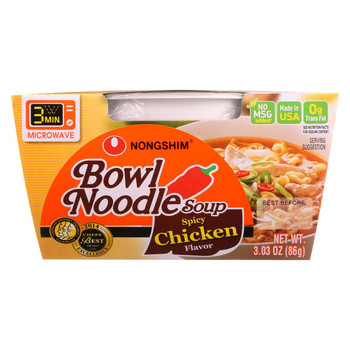 Nong Shim Soup - Bowl Noodle - Spicy Chicken Flavor - 3.03 oz - case of 12 Nong Shim Soup - Bowl Noodle - Spicy Chicken Flavor - 3.03 oz - case of 12