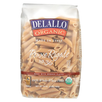 Delallo - Organic Whole Wheat Penne Rigate Pasta - Case of 16 - 1 lb.