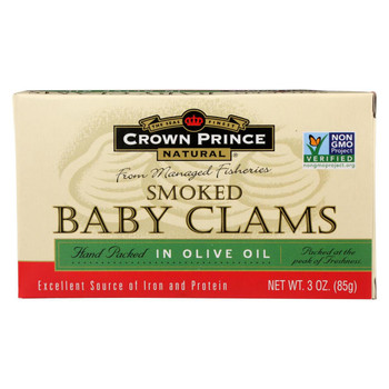 Crown Prince Clams - Smoked Baby Clams In Olive Oil - Case of 12 - 3 oz. Crown Prince Clams - Smoked Baby Clams In Olive Oil - Case of 12 - 3 oz.