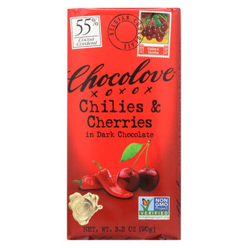 Chocolove Xoxox - Premium Chocolate Bar - Dark Chocolate - Chilies and Cherries - 3.2 oz Bars - Case of 12