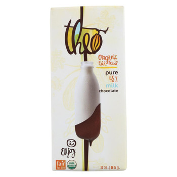 Theo Chocolate Organic Chocolate Bar - Classic - Milk Chocolate - 45 Percent Cacao - Pure - 3 oz Bars - Case of 12