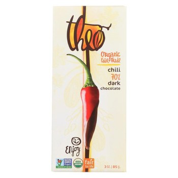 Theo Chocolate Organic Chocolate Bar - Classic - Dark Chocolate - 70 Percent Cacao - Chili - 3 oz Bars - Case of 12