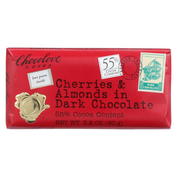 Chocolove Xoxox - Premium Chocolate Bar - Dark Chocolate - Cherries and Almonds - 3.2 oz Bars - Case of 12