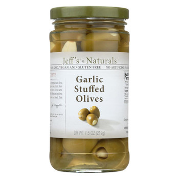 Jeff's Natural Jeff's Natural Garlic Stuffed Olives - Garlic Stuffed Olives - Case of 6 - 7.5 oz. Jeff's Natural Jeff's Natural Garlic Stuffed Olives - Garlic Stuffed Olives - Case of 6 - 7.5 oz.