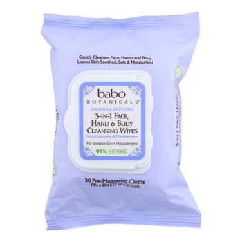 Babo Botanicals - Hand and Body Cleansing Wipes - Lavender and Meadowsweet - Case of 4 - 30 Count