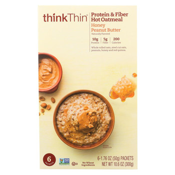 Think! Thin Protein and Fiber Oatmeal - Honey Peanut Butter - Case of 6 - 6/1.76oz Think! Thin Protein and Fiber Oatmeal - Honey Peanut Butter - Case of 6 - 6/1.76oz