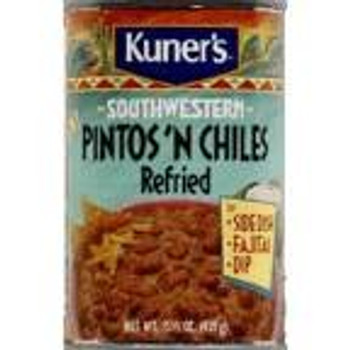 Kuner Refried Pinto Beans - Roasted Chiles - Case of 12 - 15.5 oz.